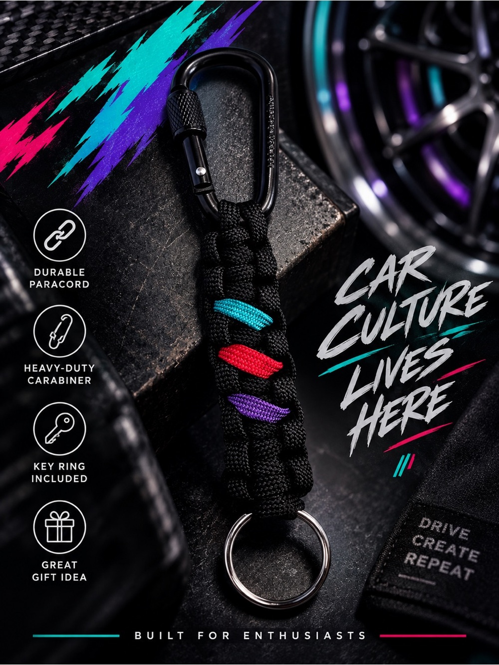 Jdm style paracord automotive keychain black
